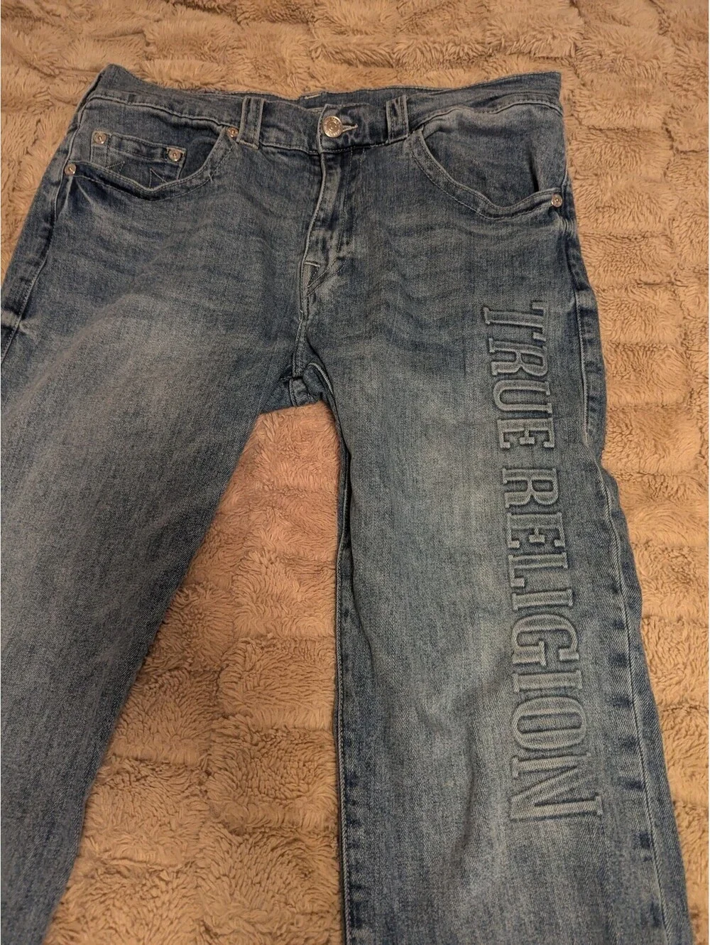 True Religion Ricky Mens Light Wash Relaxed Straight Spell out Jeans Size 36x34